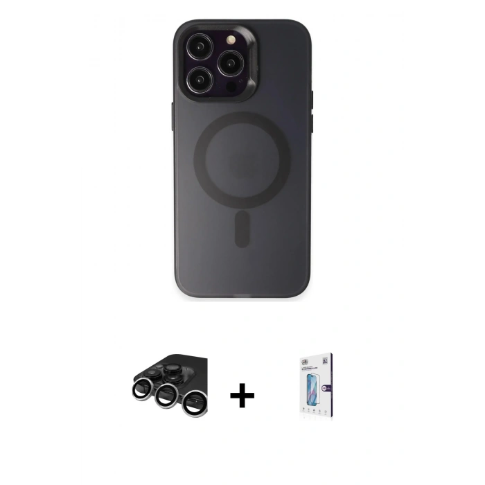 MARSİLYAN™- iPhone 15 Pro Kılıf Kozmos Çizgi Prime - Siyah Bilvis 0.18mm Plus Cam Ekran Koruyucu + Raze Metal Kamera Lens - GS