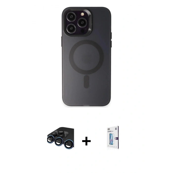 MARSİLYAN™- iPhone 15 Pro Kılıf Kozmos Çizgi Prime - Siyah Bilvis 0.18mm Plus Cam Ekran Koruyucu + Lacivert Raze Metal Kamera Lens