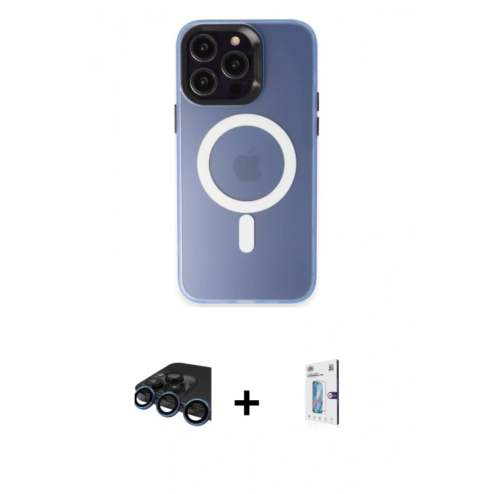 MARSİLYAN™- iPhone 15 Pro Kılıf Kozmos Çizgi Prime - Siyah Bilvis 0.18mm Plus Cam Ekran Koruyucu + Lacivert Raze Metal Kamera Lens