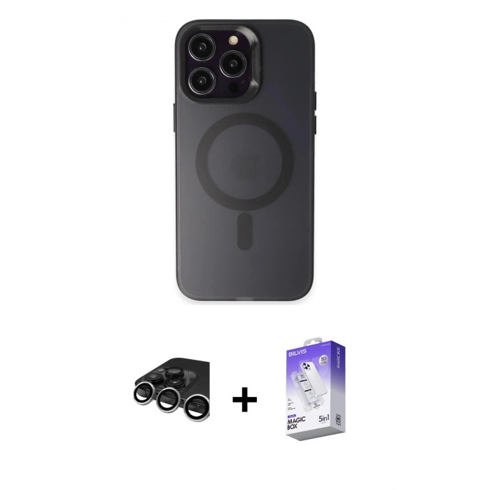 MARSİLYAN™- iPhone 15 Pro Kılıf Kozmos Çizgi Prime - Siyah Bilvis 5in1 3D Magic Cam Ekran Koruyucu + Raze Metal Kamera Lens - GS