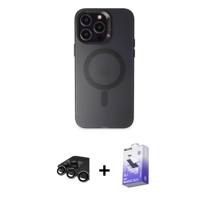 MARSİLYAN™- iPhone 15 Pro Kılıf Kozmos Çizgi Prime - Siyah Bilvis 5in1 5D Magic Hayalet Cam Ekran Koruyucu + Raze Metal Kamera Lens - TMGI