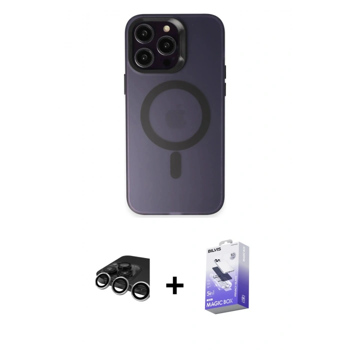 MARSİLYAN™- iPhone 15 Pro Kılıf Kozmos Çizgi Prime - Siyah Bilvis 5in1 5D Magic Hayalet Cam Ekran Koruyucu + Raze Metal Kamera Lens - GS