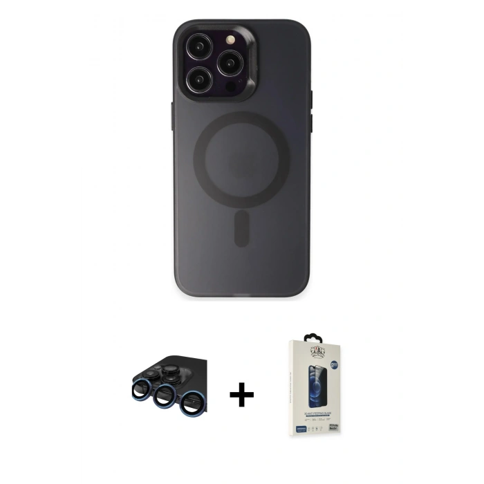 MARSİLYAN™- iPhone 15 Pro Kılıf Kozmos Çizgi Prime - Siyah Bilvis Hayalet Cam Ekran Koruyucu + Raze Metal Kamera Lens - LT