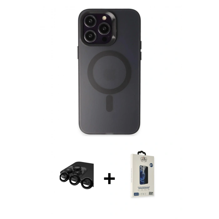MARSİLYAN™- iPhone 15 Pro Kılıf Kozmos Çizgi Prime - Siyah Bilvis Hayalet Cam Ekran Koruyucu + Raze Metal Kamera Lens - SH