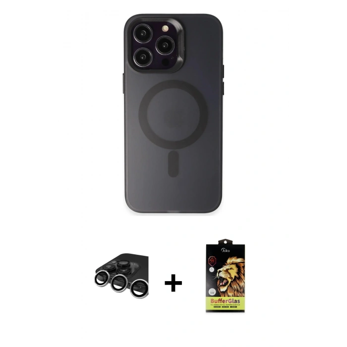 MARSİLYAN™- iPhone 15 Pro Kılıf Kozmos Çizgi Prime - Siyah Buffer Cam Ekran Koruyucu + Raze Metal Kamera Lens - GS