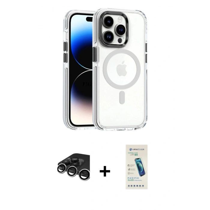 MARSİLYAN™- iPhone 15 Pro Kılıf Kozmos Doku Koleksiyonu - Şeffaf Pasifik Cam Ekran Koruyucu + Gümüş Raze Metal Kamera Lens