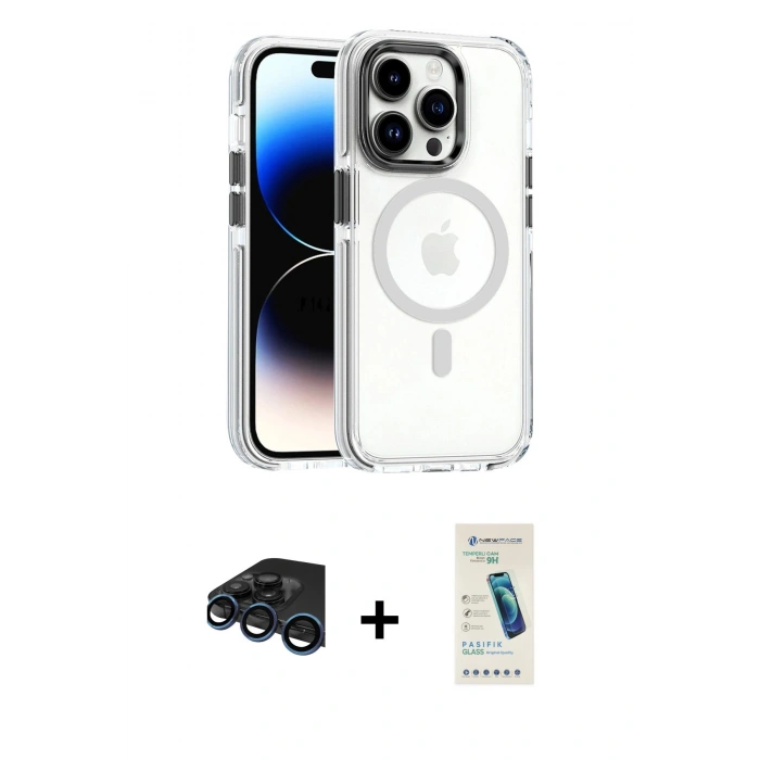 MARSİLYAN™- iPhone 15 Pro Kılıf Kozmos Doku Koleksiyonu - Şeffaf Pasifik Cam Ekran Koruyucu + Raze Metal Kamera Lens - LT