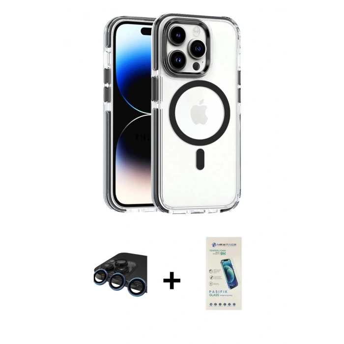 MARSİLYAN™- iPhone 15 Pro Kılıf Kozmos Doku Koleksiyonu - Şeffaf Pasifik Cam Ekran Koruyucu + Raze Metal Kamera Lens - LT