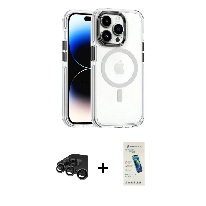 MARSİLYAN™- iPhone 15 Pro Kılıf Kozmos Doku Koleksiyonu - Şeffaf Pasifik Cam Ekran Koruyucu + Raze Metal Kamera Lens - TMGI