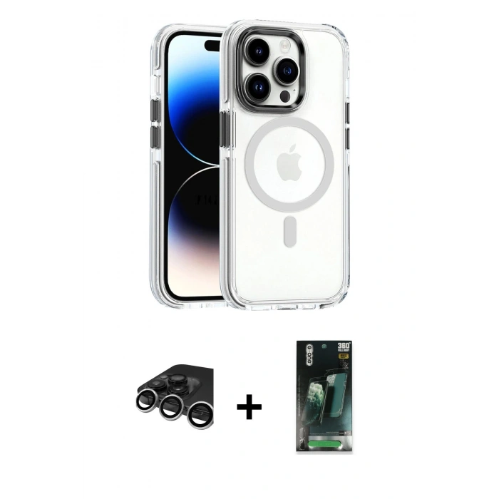 MARSİLYAN™- iPhone 15 Pro Kılıf Kozmos Doku Koleksiyonu - Siyah 360 Mat Full Body Arka Koruyucu + Raze Metal Kamera Lens - GS