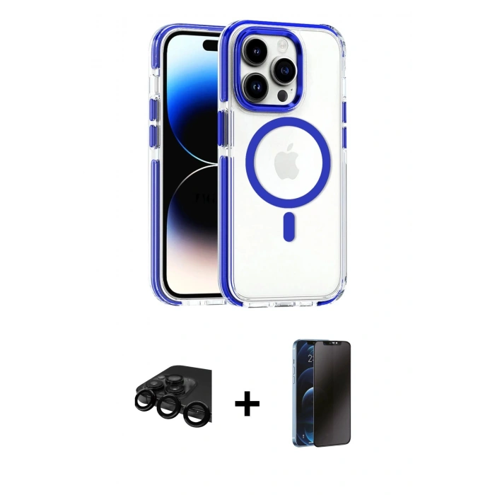 MARSİLYAN™- iPhone 15 Pro Kılıf Kozmos Doku Koleksiyonu - Siyah 3D Antistatik Hayalet Cam Ekran Koruyucu + Raze Metal Kamera Lens - SH