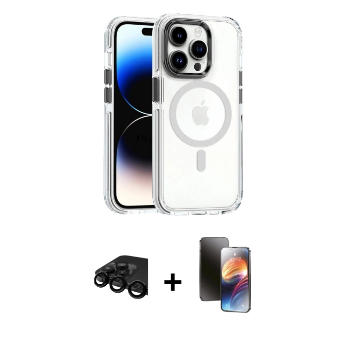 MARSİLYAN™- iPhone 15 Pro Kılıf Kozmos Doku Koleksiyonu - Siyah 3D Antistatik Mat Seramik Nano Ekran Koruyucu + Raze Metal Kamera Lens - SH