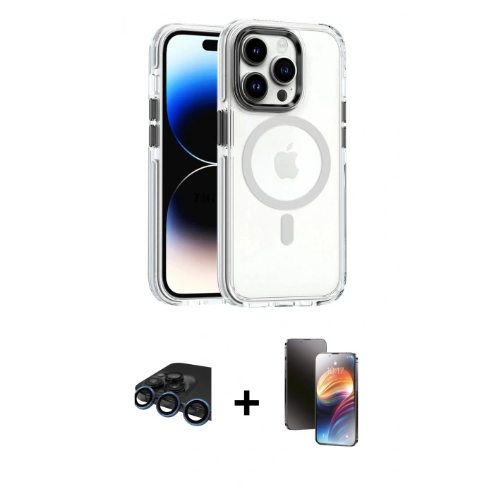MARSİLYAN™- iPhone 15 Pro Kılıf Kozmos Doku Koleksiyonu - Siyah 3D Antistatik Mat Seramik Nano Ekran Koruyucu + Raze Metal Kamera Lens - LT