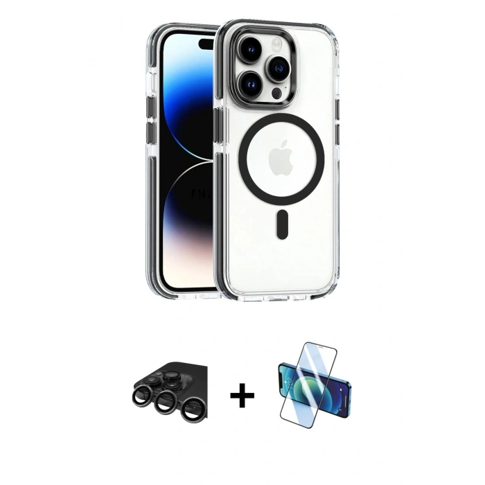 MARSİLYAN™- iPhone 15 Pro Kılıf Kozmos Doku Koleksiyonu - Siyah 3D Antistatik Seramik Nano Ekran Koruyucu + Raze Metal Kamera Lens - TMGI