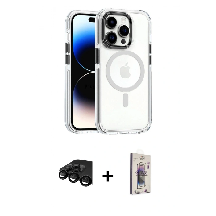 MARSİLYAN™- iPhone 15 Pro Kılıf Kozmos Doku Koleksiyonu - Siyah Bilvis 3D Cam Ekran Koruyucu + Raze Metal Kamera Lens - SH