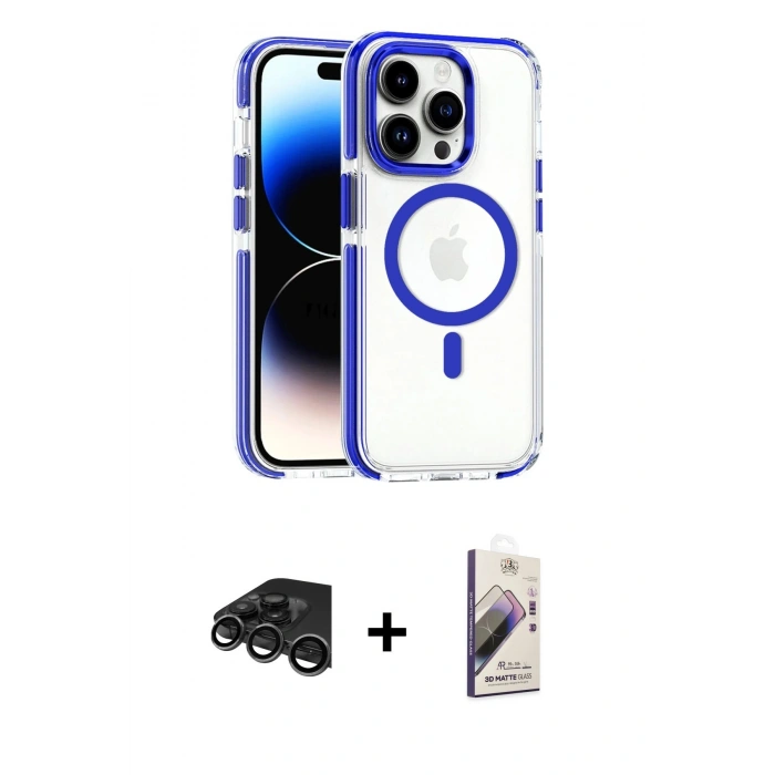 MARSİLYAN™- iPhone 15 Pro Kılıf Kozmos Doku Koleksiyonu - Siyah Bilvis 3D Mat Cam Ekran Koruyucu + Raze Metal Kamera Lens - TMGI