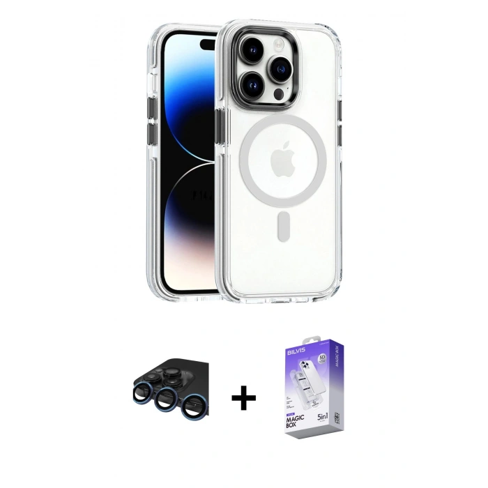 MARSİLYAN™- iPhone 15 Pro Kılıf Kozmos Doku Koleksiyonu - Siyah Bilvis 5in1 3D Magic Cam Ekran Koruyucu + Raze Metal Kamera Lens - LT