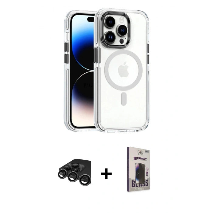 MARSİLYAN™- iPhone 15 Pro Kılıf Kozmos Doku Koleksiyonu - Siyah Bilvis Hayalet Cam Ekran Koruyucu + Raze Metal Kamera Lens - TMGI