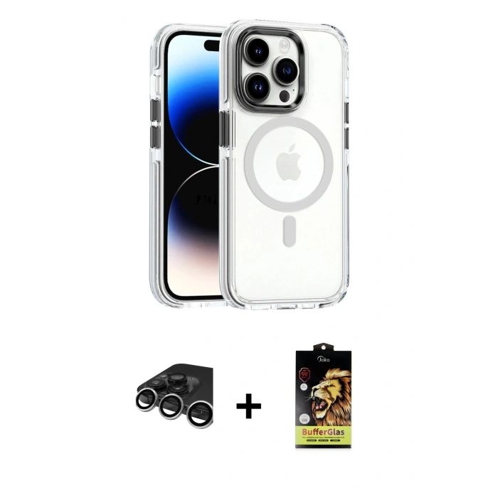 MARSİLYAN™- iPhone 15 Pro Kılıf Kozmos Doku Koleksiyonu - Siyah Buffer Cam Ekran Koruyucu + Raze Metal Kamera Lens - GS
