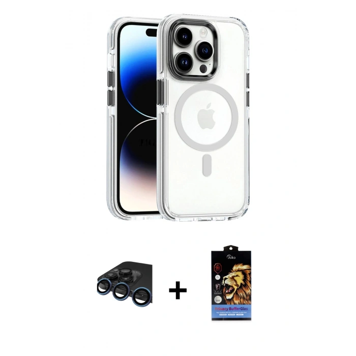 MARSİLYAN™- iPhone 15 Pro Kılıf Kozmos Doku Koleksiyonu - Siyah Buffer Hayalet Cam Ekran Koruyucu + Raze Metal Kamera Lens - LT