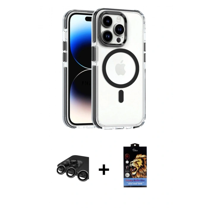 MARSİLYAN™- iPhone 15 Pro Kılıf Kozmos Doku Koleksiyonu - Siyah Buffer Hayalet Cam Ekran Koruyucu + Raze Metal Kamera Lens - TMGI
