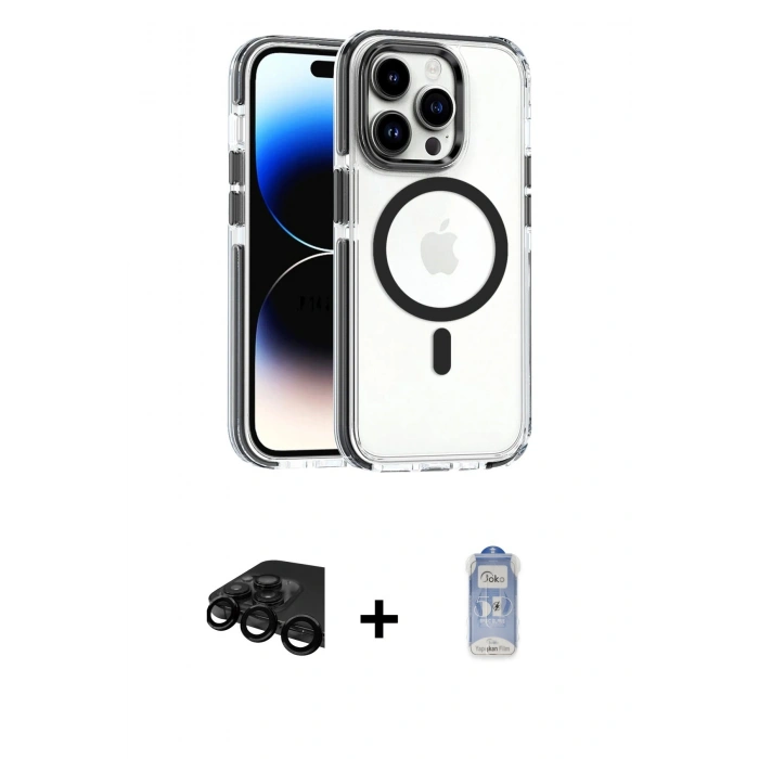 MARSİLYAN™- iPhone 15 Pro Kılıf Kozmos Doku Koleksiyonu - Siyah Joko Magic 5D Cam + Raze Metal Kamera Lens - SH