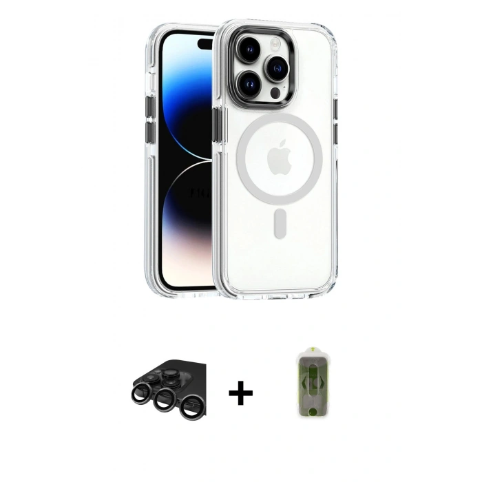 MARSİLYAN™- iPhone 15 Pro Kılıf Kozmos Doku Koleksiyonu - Siyah Joko Magic 5D Hayalet Cam + Raze Metal Kamera Lens - TMGI