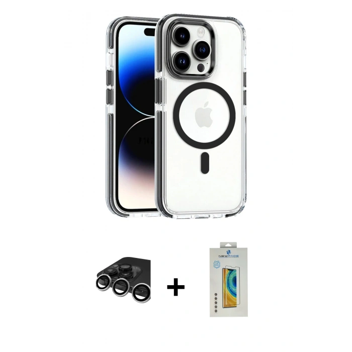 MARSİLYAN™- iPhone 15 Pro Kılıf Kozmos Doku Koleksiyonu - Siyah Polymer Nano Ekran Koruyucu + Raze Metal Kamera Lens - GS