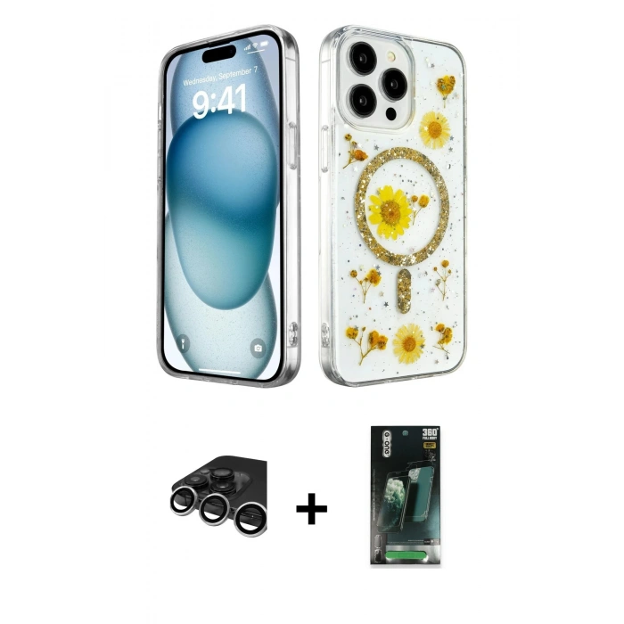 MARSİLYAN™- iPhone 15 Pro Kılıf Kozmos Doku - Şeffaf 360 Full Body Arka Koruyucu + Raze Metal Kamera Lens - GS