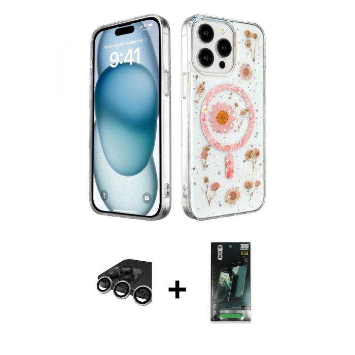 MARSİLYAN™- iPhone 15 Pro Kılıf Kozmos Doku - Şeffaf 360 Full Body Arka Koruyucu + Raze Metal Kamera Lens - GS
