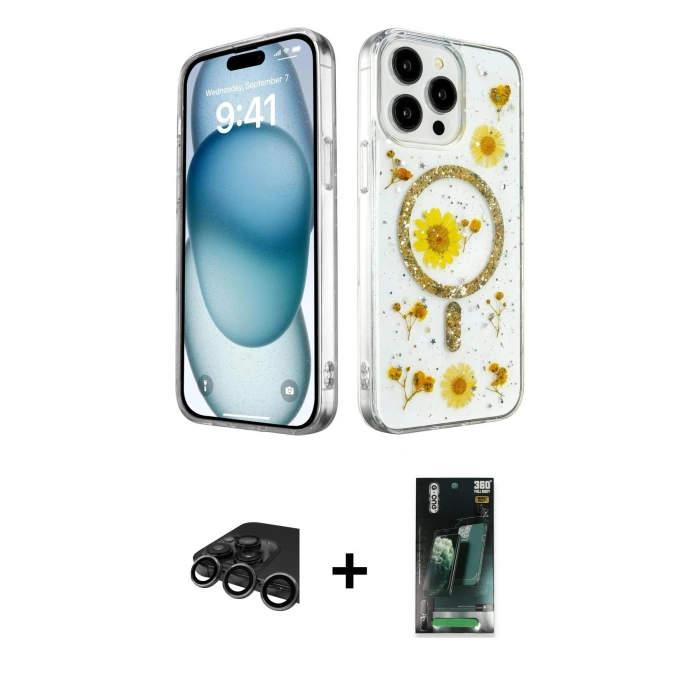 MARSİLYAN™- iPhone 15 Pro Kılıf Kozmos Doku - Şeffaf 360 Full Body Arka Koruyucu + Raze Metal Kamera Lens - TMGI
