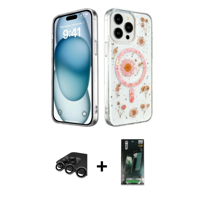 MARSİLYAN™- iPhone 15 Pro Kılıf Kozmos Doku - Şeffaf 360 Full Body Arka Koruyucu + Raze Metal Kamera Lens - TMGI