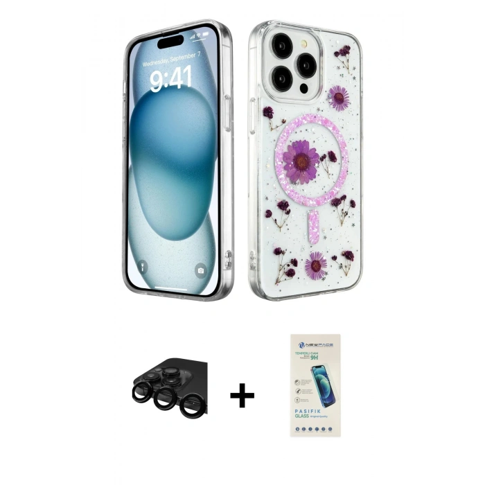 MARSİLYAN™- iPhone 15 Pro Kılıf Kozmos Doku - Şeffaf Pasifik Cam Ekran Koruyucu + Raze Metal Kamera Lens - SH
