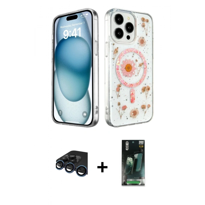 MARSİLYAN™- iPhone 15 Pro Kılıf Kozmos Doku - Siyah 360 Mat Full Body Arka Koruyucu + Raze Metal Kamera Lens - LT