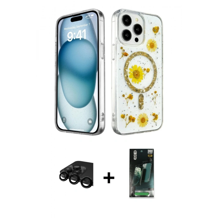 MARSİLYAN™- iPhone 15 Pro Kılıf Kozmos Doku - Siyah 360 Mat Full Body Arka Koruyucu + Raze Metal Kamera Lens - SH