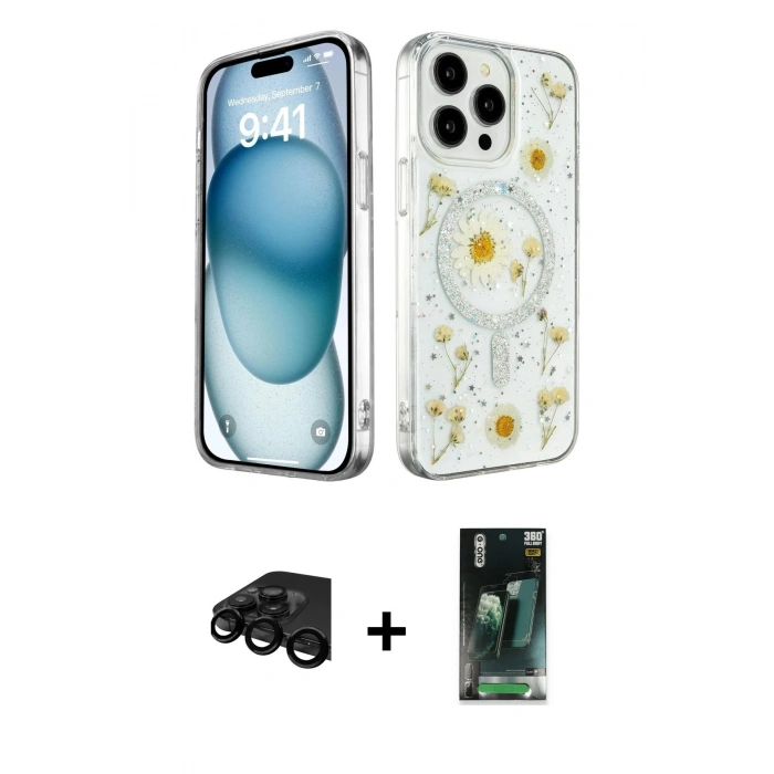 MARSİLYAN™- iPhone 15 Pro Kılıf Kozmos Doku - Siyah 360 Mat Full Body Arka Koruyucu + Raze Metal Kamera Lens - SH