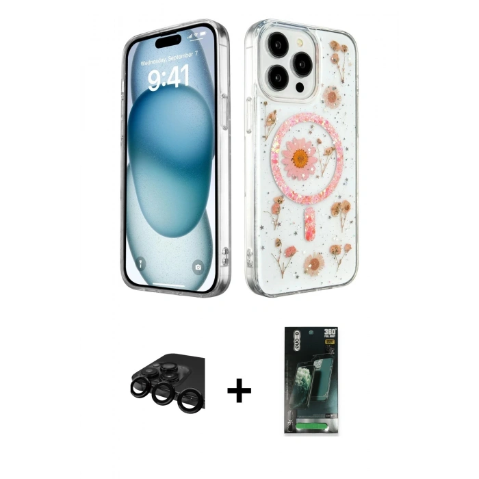 MARSİLYAN™- iPhone 15 Pro Kılıf Kozmos Doku - Siyah 360 Mat Full Body Arka Koruyucu + Raze Metal Kamera Lens - SH