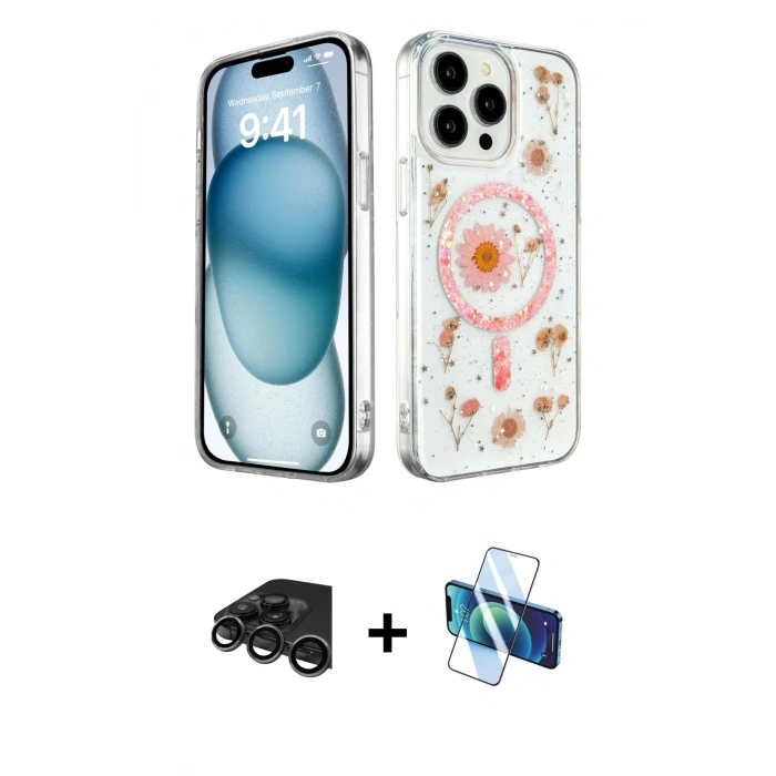 MARSİLYAN™- iPhone 15 Pro Kılıf Kozmos Doku - Siyah 3D Antistatik Cam Ekran Koruyucu + Raze Metal Kamera Lens - TMGI