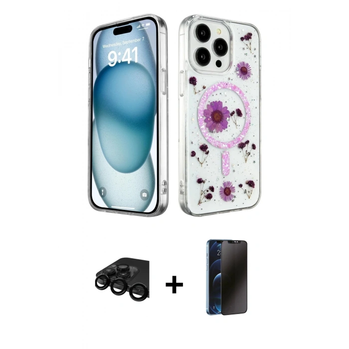 MARSİLYAN™- iPhone 15 Pro Kılıf Kozmos Doku - Siyah 3D Antistatik Hayalet Cam Ekran Koruyucu + Raze Metal Kamera Lens - SH