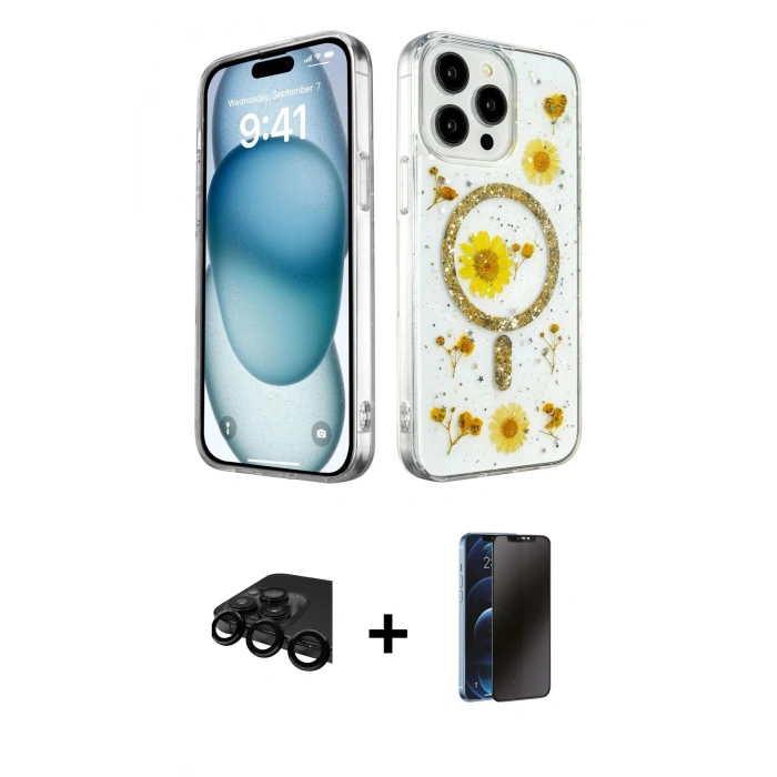MARSİLYAN™- iPhone 15 Pro Kılıf Kozmos Doku - Siyah 3D Antistatik Hayalet Cam Ekran Koruyucu + Raze Metal Kamera Lens - SH