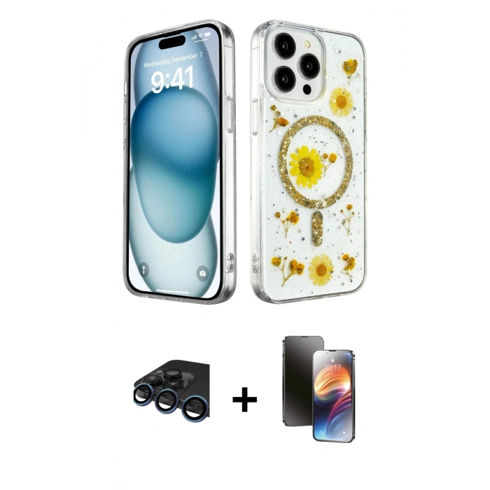 MARSİLYAN™- iPhone 15 Pro Kılıf Kozmos Doku - Siyah 3D Antistatik Mat Seramik Nano Ekran Koruyucu + Raze Metal Kamera Lens - LT
