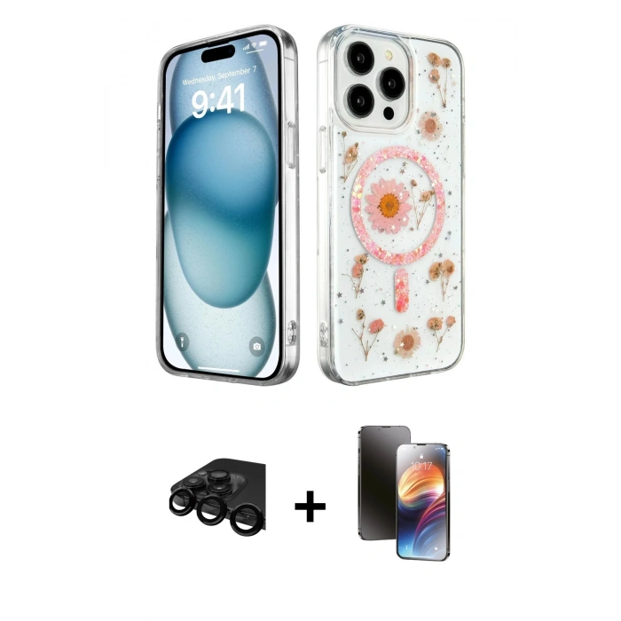 MARSİLYAN™- iPhone 15 Pro Kılıf Kozmos Doku - Siyah 3D Antistatik Mat Seramik Nano Ekran Koruyucu + Raze Metal Kamera Lens - SH