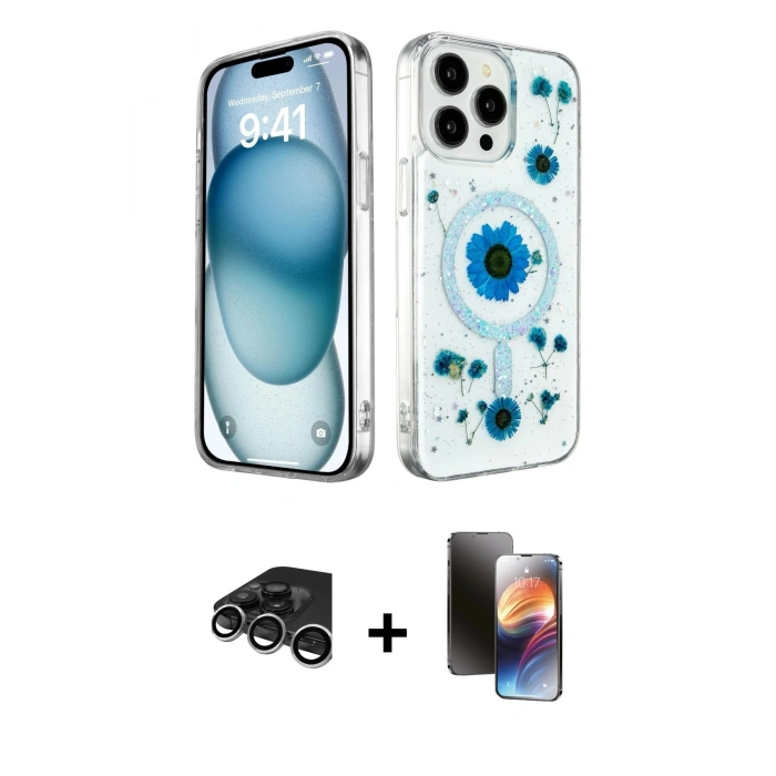 MARSİLYAN™- iPhone 15 Pro Kılıf Kozmos Doku - Siyah 3D Antistatik Mat Seramik Nano Ekran Koruyucu + Raze Metal Kamera Lens - GS