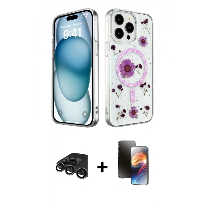 MARSİLYAN™- iPhone 15 Pro Kılıf Kozmos Doku - Siyah 3D Antistatik Mat Seramik Nano Ekran Koruyucu + Raze Metal Kamera Lens - TMGI