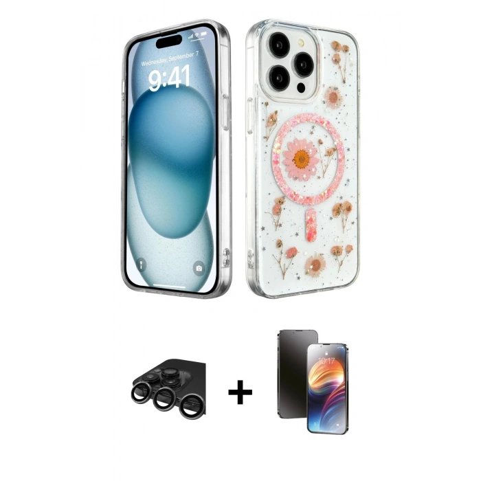 MARSİLYAN™- iPhone 15 Pro Kılıf Kozmos Doku - Siyah 3D Antistatik Mat Seramik Nano Ekran Koruyucu + Raze Metal Kamera Lens - TMGI