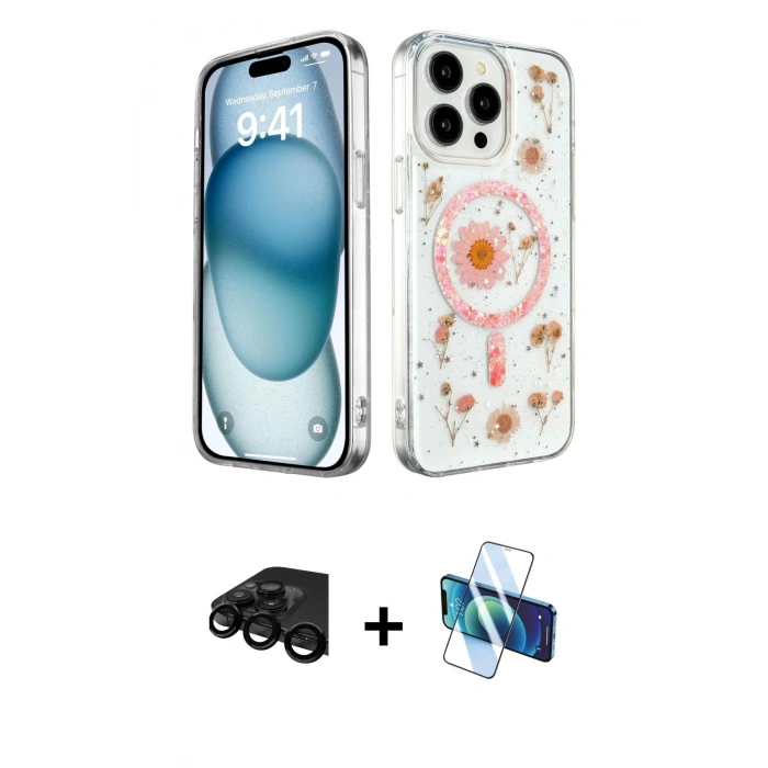 MARSİLYAN™- iPhone 15 Pro Kılıf Kozmos Doku - Siyah 3D Antistatik Seramik Nano Ekran Koruyucu + Raze Metal Kamera Lens - SH