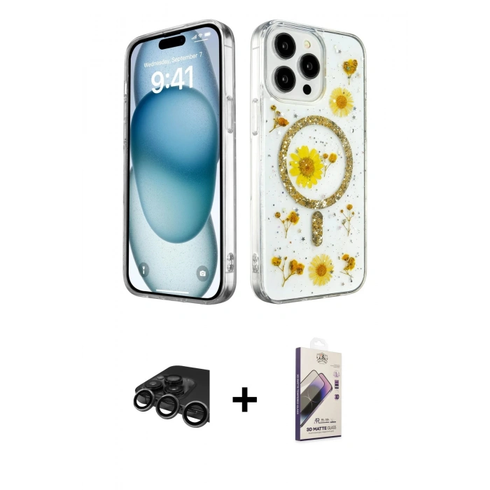 MARSİLYAN™- iPhone 15 Pro Kılıf Kozmos Doku - Siyah Bilvis 3D Mat Cam Ekran Koruyucu + Raze Metal Kamera Lens - TMGI