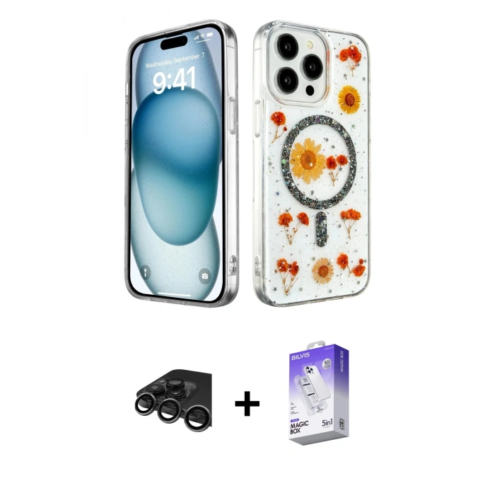 MARSİLYAN™- iPhone 15 Pro Kılıf Kozmos Doku - Siyah Bilvis 5in1 3D Magic Cam Ekran Koruyucu + Raze Metal Kamera Lens - TMGI
