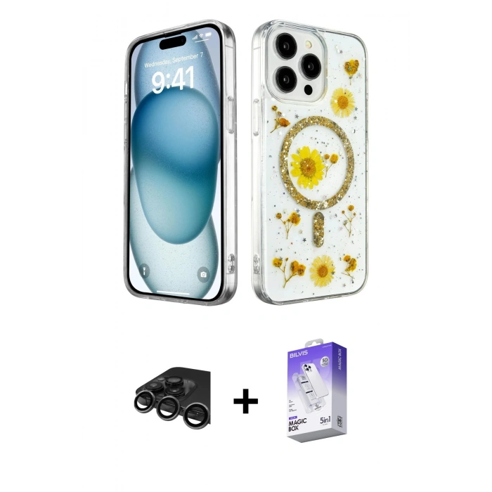 MARSİLYAN™- iPhone 15 Pro Kılıf Kozmos Doku - Siyah Bilvis 5in1 3D Magic Cam Ekran Koruyucu + Raze Metal Kamera Lens - TMGI