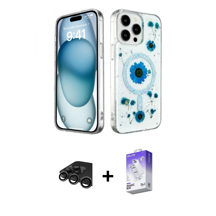 MARSİLYAN™- iPhone 15 Pro Kılıf Kozmos Doku - Siyah Bilvis 5in1 3D Magic Cam Ekran Koruyucu + Raze Metal Kamera Lens - TMGI